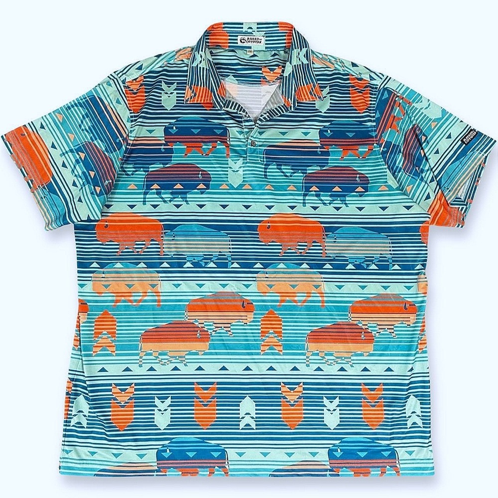Raised By Coyotes Caprock Buffalo Polo Shirt 2XL Teal Southwestern Performance